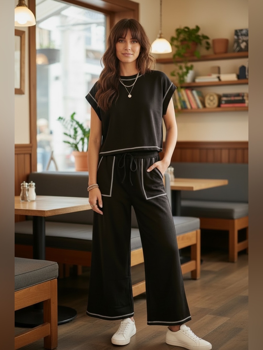 Sewn and Seen Black contrast Stitch trim Scuba lounge SET NWT